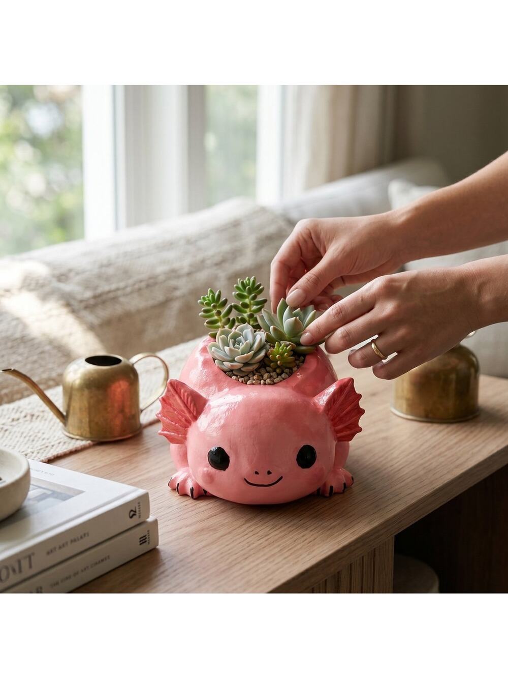 Handmade Eco Resin Axolotl Planter Cute Pink Succulent Holder Hand Painted